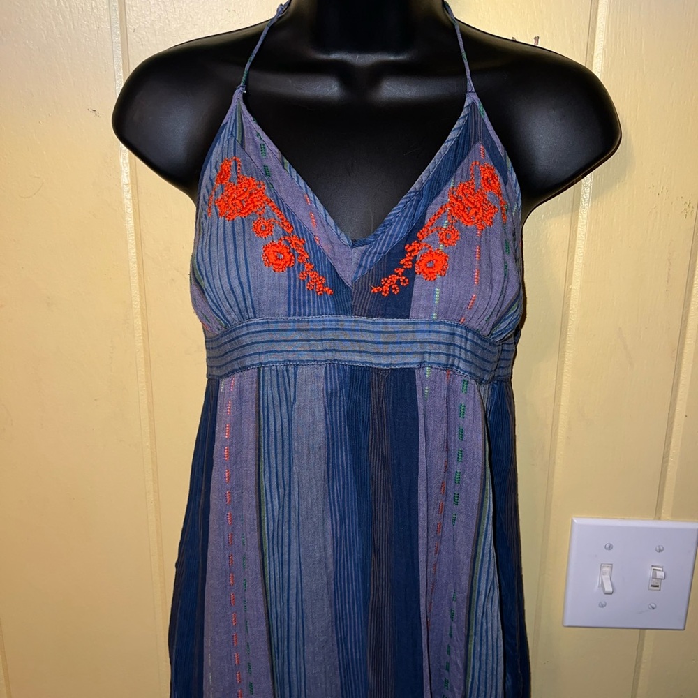 Vintage Blue Stripe Halter Open Back Embroidery Boho Ruffle Maxi Dress Size M - Picture 4 of 11
